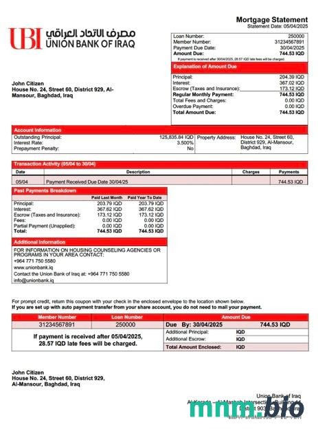Irak Bank Union Iraku wyciąg z kredytu hipotecznego szablon Word i PDF